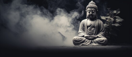 Black and white background with sun light stone Buddha statue and incense stick smoke representing yoga meditation and mindfulness concept - obrazy, fototapety, plakaty