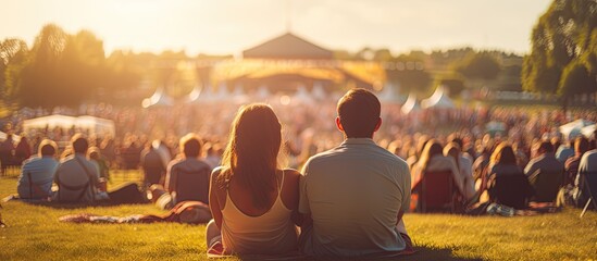 Unrecognizable couple seated on ground in front of crowd and stage at sunny music festival