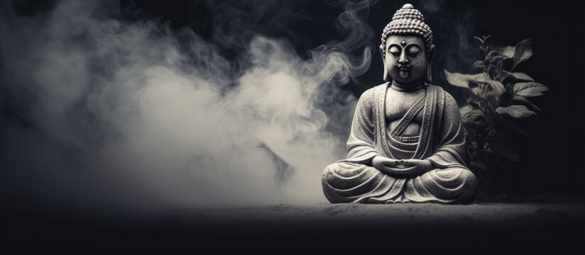 Black and white background with sun light stone Buddha statue and incense stick smoke representing yoga meditation and mindfulness concept