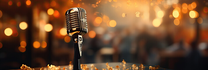 Banner with close-up of a microphone against glittering blurry autumn background - obrazy, fototapety, plakaty