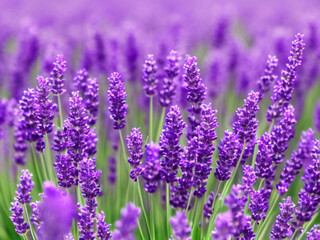 Lavender flowers close up. Beautiful tall long purple and lilac lavender inflorescences. Tilt shift style. Anamorphic bokeh. Abstract floral illustration generated by AI. Lavender scent. Summer field.