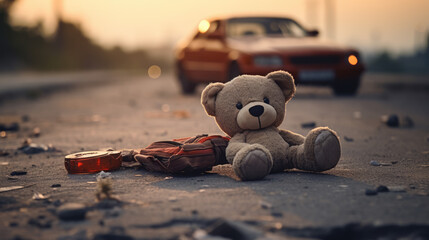 Child teddy bear lying on the street at car accident on highway, crashed auto, automotive insurance concept - obrazy, fototapety, plakaty