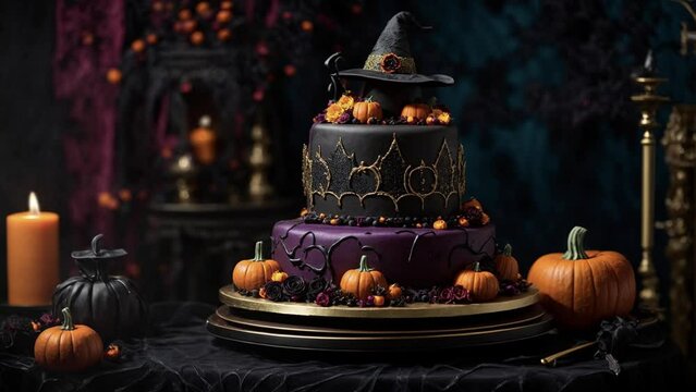 Halloween ornate cake decorated with pumpkins and hat. Candles in background. Party celebrate 
