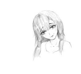Drawing portrait of a girl with long hair, girl character drawn on paper with pencil for graphic design.