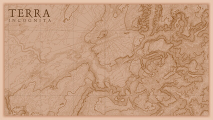 Ancient abstract earth relief old map. Generated conceptual vector elevation map of fantasy landscape. - 653010730
