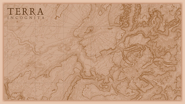 Ancient abstract earth relief old map. Generated conceptual vector elevation map of fantasy landscape.