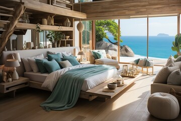 Fototapeta premium Experience unparalleled relaxation in this modern bedroom, perfectly poised to embrace the beach's scenic beauty. Neutral undertones with bursts of oceanic blues and greens harmonize with nature