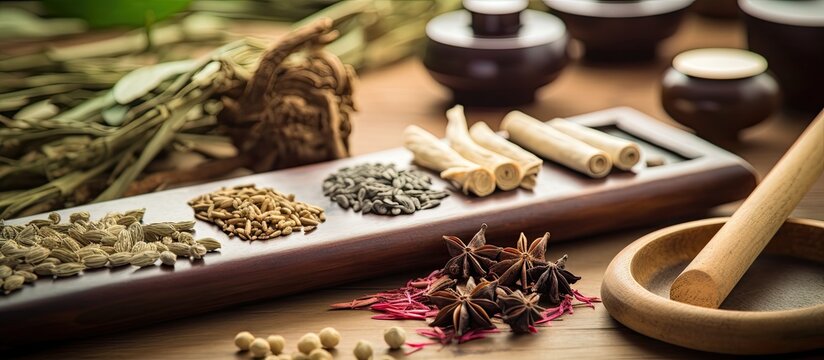 Chinese traditional medicine with herb selection acupuncture needles moxibustion therapy calligraphy script and feng shui coins