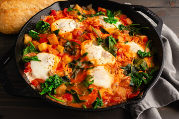 Ratatouille Brunch Skillet with Eggs and Spinach: Eggplant, zucchini, bell pepper, and tomato stew in a cast iron skillet