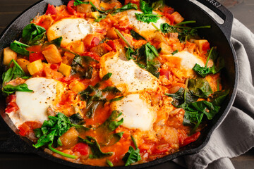 Ratatouille Brunch Skillet with Eggs and Spinach: Eggplant, zucchini, bell pepper, and tomato stew in a cast iron skillet