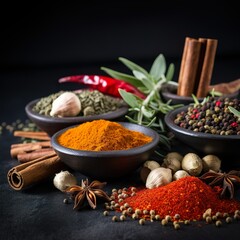 Colorful herbs and spices for cooking. Indian spices. On a black stone background | Generative AI