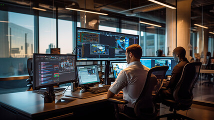 Trader on a stock exchange floor, using AI-powered algorithms and predictive analytics to make split-second investment decisions