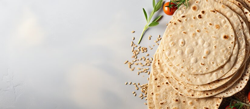 Arrange whole grain tortillas along with cherry tomatoes asparagus on a light gray background Top down view Long banner style Text space available