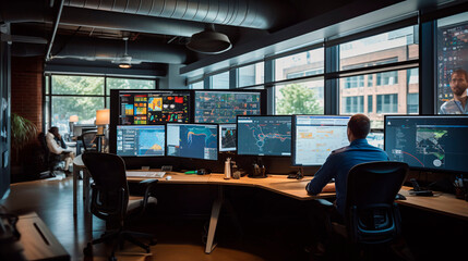 Trader on a stock exchange floor, using AI-powered algorithms and predictive analytics to make split-second investment decisions