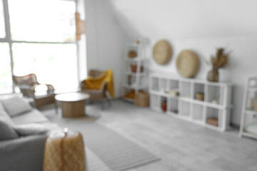 Blurred view of living room with armchairs and shelf unit