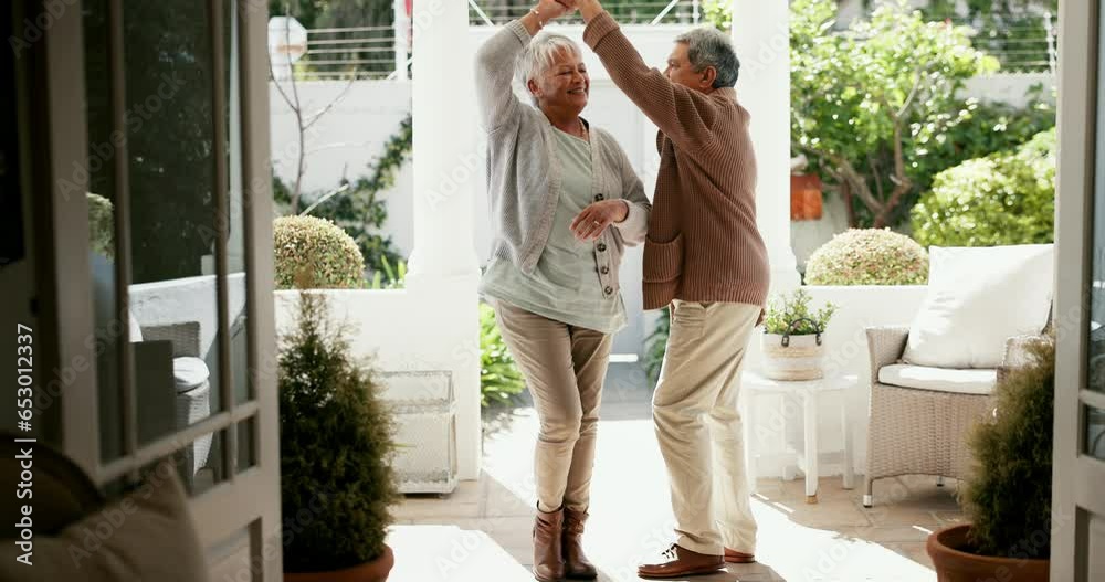 Poster Love, dance and retirement with a senior couple in their home together for romance or to relax. Smile, music and marriage with elderly people on the veranda of their apartment for old age bonding