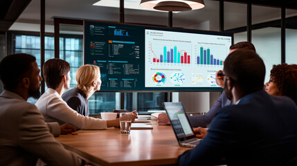 The concept of data-driven decision-making in the corporate world by photographing a diverse group of professionals in a boardroom, gathered around a high-tech AI analytics dashboard