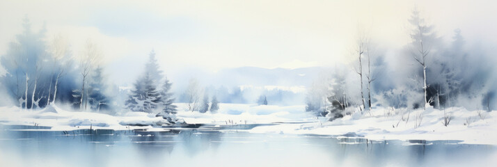 Snowy winter landscape. Misty forest and frozen lake. Watercolor painting. - 653013142