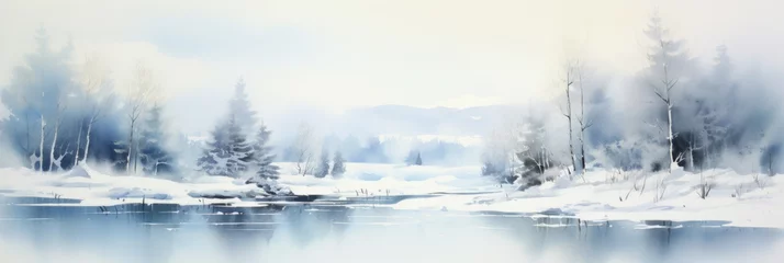 Fototapeten Snowy winter landscape. Misty forest and frozen lake. Watercolor painting. © ekim