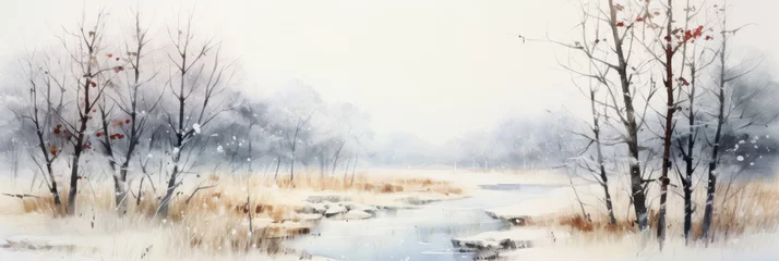Fotobehang Winter landscape. Frozen river and snowy forest scenery. Watercolor painting. © ekim