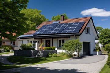 Fototapeta na wymiar Experience the future of sustainable living with this visual of a modern home, roof adorned with efficient solar panels, harnessing the sun's energy. In the driveway, an electric car charges