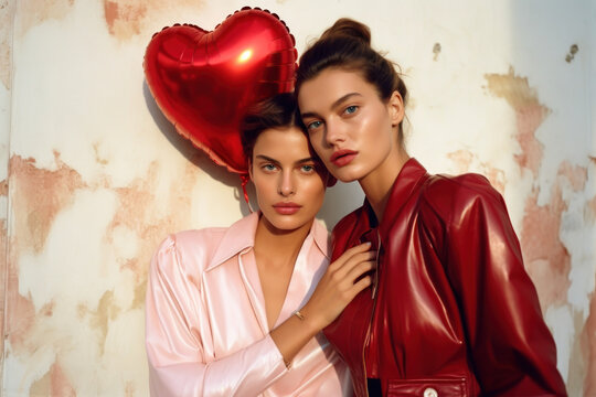 portrait of two young white women/models wlw sapphic lgbtq couple with red heart balloon for valentines day editorial fashion/beauty roses photo shoot film camera look