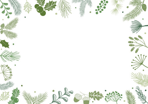 Christmas plant corner. Greenery fir, pine branches border, winter evergreen frame. Decorative background. Holiday vector illustration