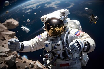 Astronaut in space flying on the moon, Planet Earth from the far in the Universe. Rocket and satelites illustration for science.