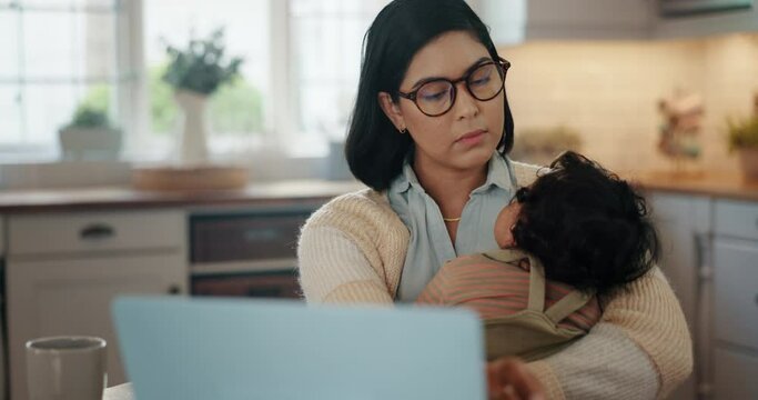 Laptop, remote work and mother with baby in a kitchen, multitasking and time management at home. Freelance, productivity and mom with sleeping newborn in house for internet, search or working balance