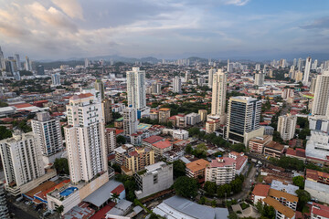 Beautiful aerial view of Panama City, its skyscraper buildings, the Cinta Costera at Sunset