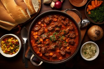 Dive into the rich culinary traditions of Hungary with a beautifully set feast. At its heart, a steaming bowl of goulash, masterfully garnished with fresh herbs. 