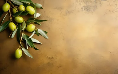 Fototapeten Background green olive branch, place for text. banner with olives. olive oil advertisement. © AndErsoN