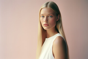 portrait of a young white model/woman in a close up with long blonde hair and natural makeup in a hair commercial/beauty editorial advertisement magazine style film photography look