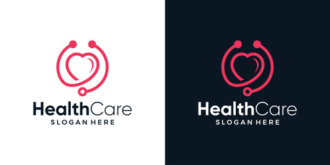 Health care logo design template. Heart logo with stethoscope design graphic vector illustration. Symbol, icon, creative. - obrazy, fototapety, plakaty