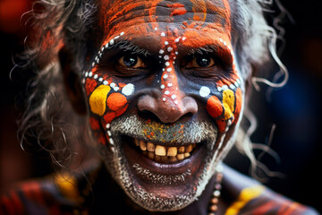 Aboriginal man with striking facial paint, his eyes sparkling with mirth, a slight grin playing on his lips.