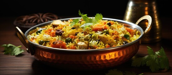 Selective focus on round brass bowl with veg biryani or veg pulav