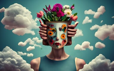 Women with flower grow in the head as representation of self awareness mindfullness 
and self growth. Beautiful mind and Zen Meditation for healthy mental state.