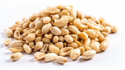 Peanuts isolated on white background. Heap of peanuts closeup, beer snack