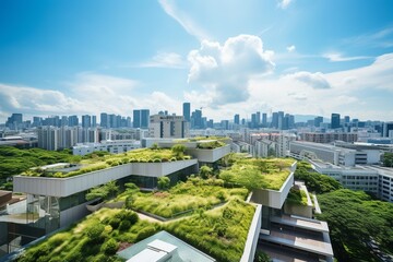 A captivating high-angle view of a city, effortlessly blending modern architecture with sustainable practices. Buildings, bedecked with solar panels and verdant green roofs - obrazy, fototapety, plakaty