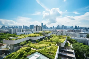Rolgordijnen Verenigde Staten A captivating high-angle view of a city, effortlessly blending modern architecture with sustainable practices. Buildings, bedecked with solar panels and verdant green roofs