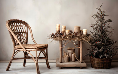 Wicker table and chair in minimalist and rustic Christmas style. Generative AI