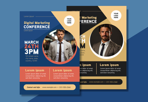 Blue and Gold Digital Marketing Conference Flyer Template