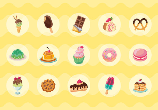 Cartoon Sweet Desserts Icons Set