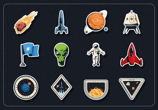 Dark Space Exploration Astronaut and Planet Sticker Set