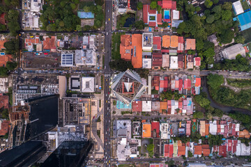 Beautiful aerial view of Panama City, its skyscraper buildings, the Cinta Costera at Sunset