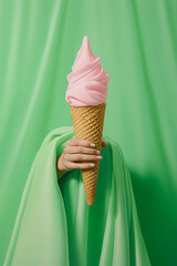 A female hand emerges in front of a silky pastel curtain or fabric holding an ice cream cone. Minimal retro composition. Generative AI.