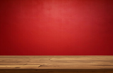 Empty wooden table with red background