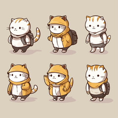 set of  animal adorable cats depart on a journey