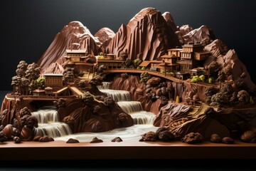 Delicious chocolate scene with woods, river, mountains. Generative AI