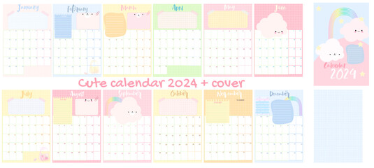 calendar for 2024 Set of 2024 table calendar monts. posters for notes with tlat rainbow colours Planners for schoolchildren. Cartoon character flat vector collection isolated kawaii organizer 12 month